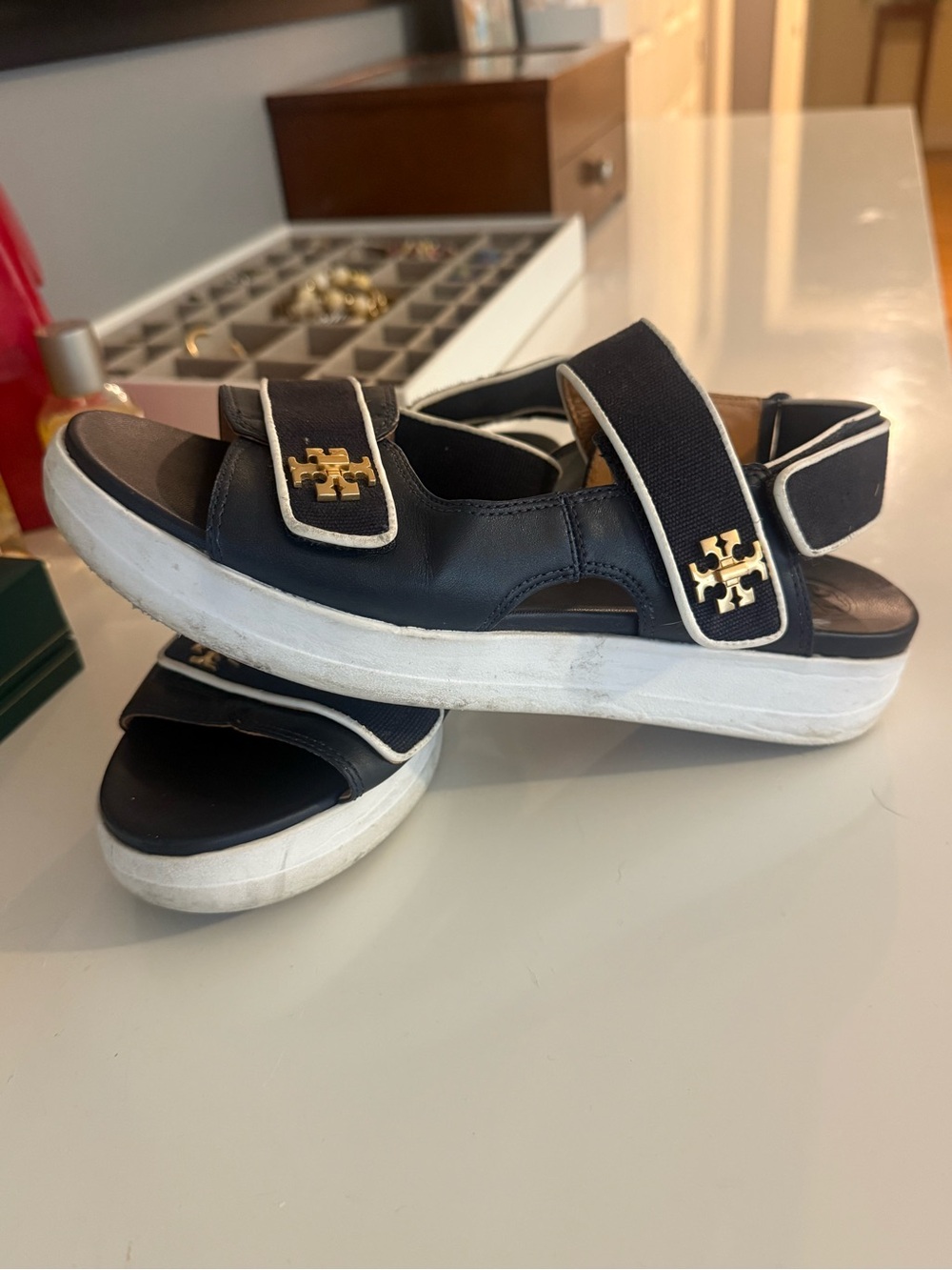Tory Burch Navy Blue Sandal with Gold Accent